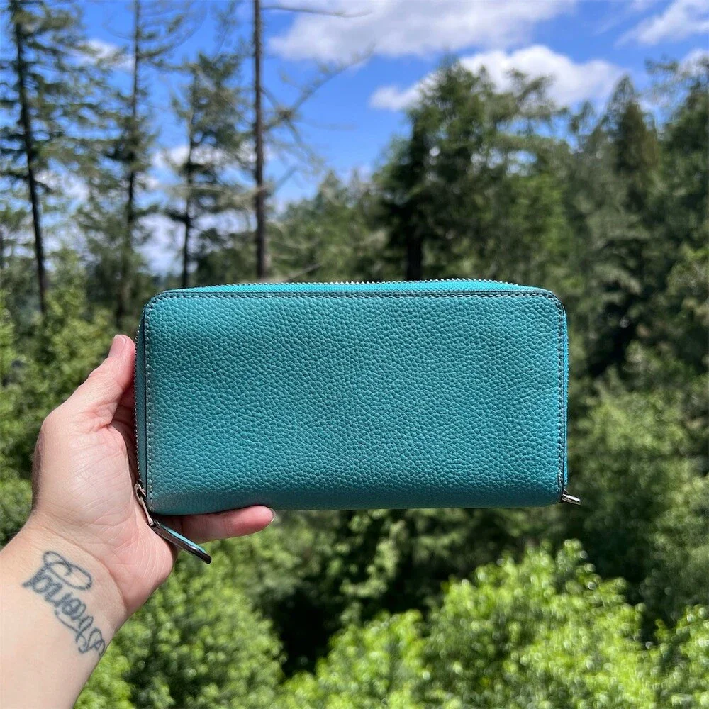 COACH Long Zip-Around Teal Blue Pebble Leather Wallet Silver Hardware AUTHENTIC